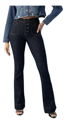 Calça Flare Jeans Feminino Azul Escuro Sawary Com Botões