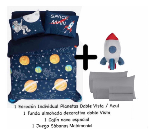 Edredón Ind Planetas + Cojín Nave+ Sábanas Gris 100% Algodón