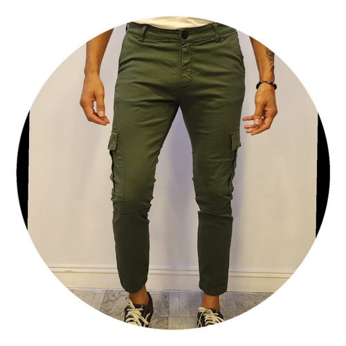 Pantalon Jean Cargo Verde Gabardina Elastizada Calidad Premi