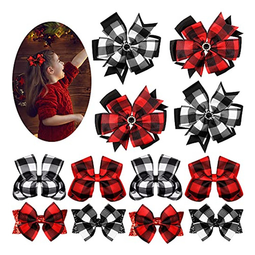 12 Pieces Christmas Hair Bows Plaid Clip Christmas Larg...