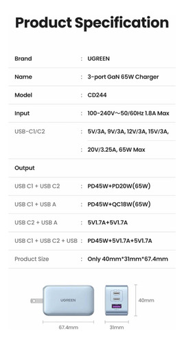Ugreen Cargador De Pared Nexode, 65w, 2x Usb-c 1x Usb-a