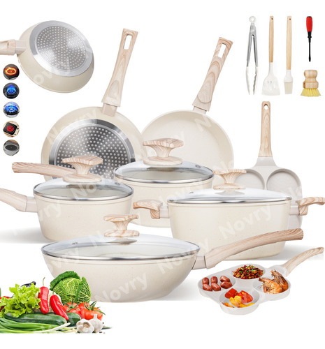 Novry® Juego De Ollas Y Sartenes Batería Juego De 15 Piezas De Ollas Y Sartenes De Granito Antiadherentes Para Uso Doméstico Incluyendo Sartenes Para Freír Y Ollas Para Cocinar Al Horno, Color Beige