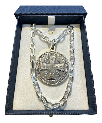 Medalla San Benito 3,1 Cm Y Cadena 60 Cm, Plata 925. Tuset.