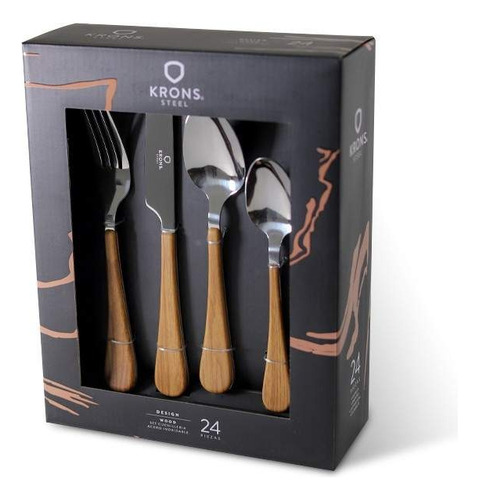 Set De Cubiertos X24 Piezas Wood Krons Acero Inox