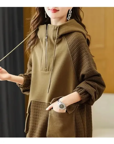 Sudadera Con Capucha Y Cremallera Color Block Para Mujer