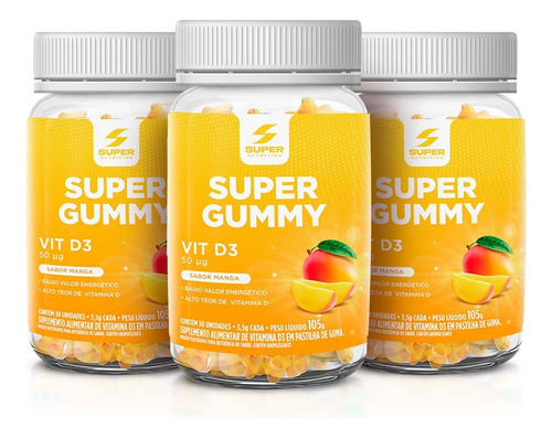 Kit 03 Gummy Vit D3 Sunshine Super Nutrition Sabor Manga