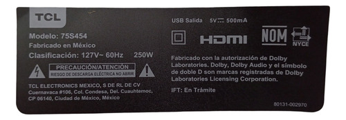 Fuente De Poder Tcl 75s454 40-l30xw4-pwb1zg (Usado)