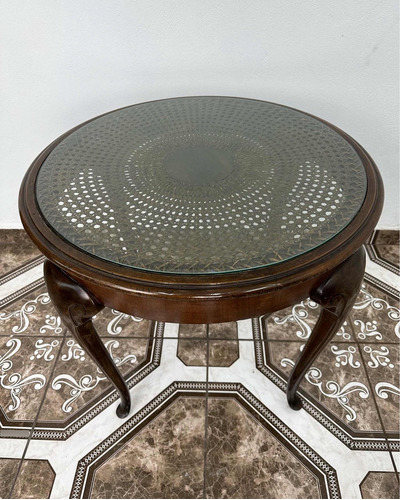 Mesa De Sala Circular Esterillada Con Tapa De Vidrio Biselad