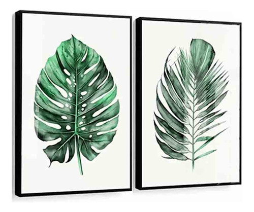 Kit 2 Quadros Decorativos Folhagem Verde Luxo Sala Com Vidro