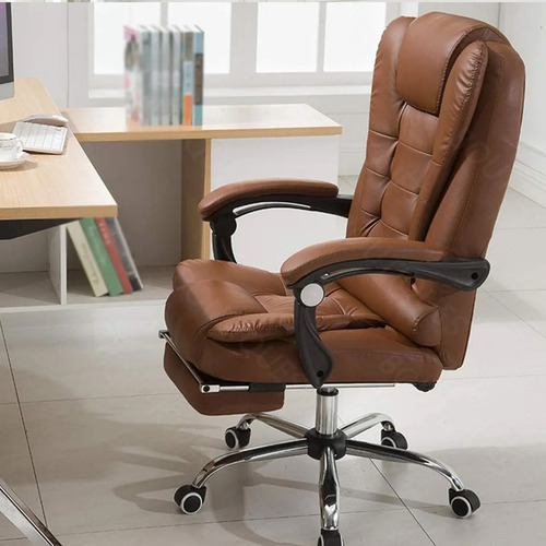 Silla Ergonómica Piel Pu Con Reposapiés Y Respaldo Ajustable Marrón Cuero Sintético
