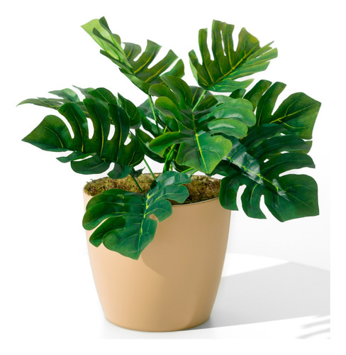 Planta Artificial Monstera Con Maceta Beige Piedras Y Musgo