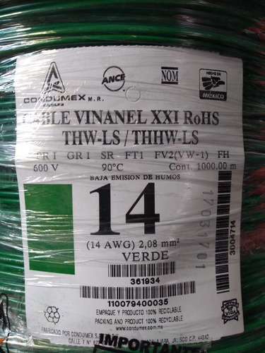 Carrete 1000 Mts Cable Thw Cal 14 Awg Condumex Vinanel Xxi