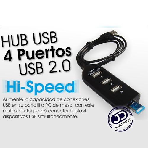 Imagen 2 de 6 de Multiplicador Hub 4 Puertos Usb, Cable Extensión 1m · Negro
