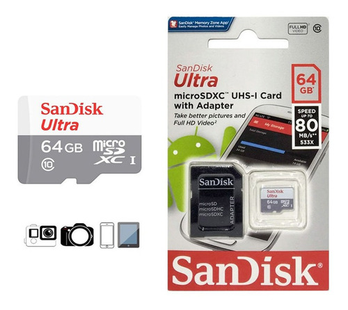 Memoria Sandisk Micro Sd 64 Gb Con Adapt Clase 10 Celular