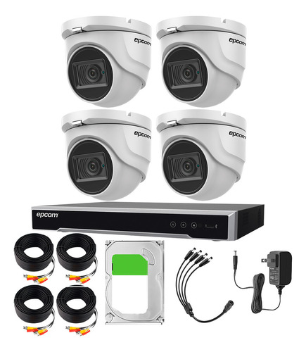 Epcom Kit De 4 Camaras De Seguridad Metalicas Eyeball 8mp Protección Ip66 Para Uso Exterior + Dvr 4ch Turbohd Con Detección De Movimiento Y Salida De Alarma +3tb Hdd Modelo Ev8004e4k-plus+3tb-sc