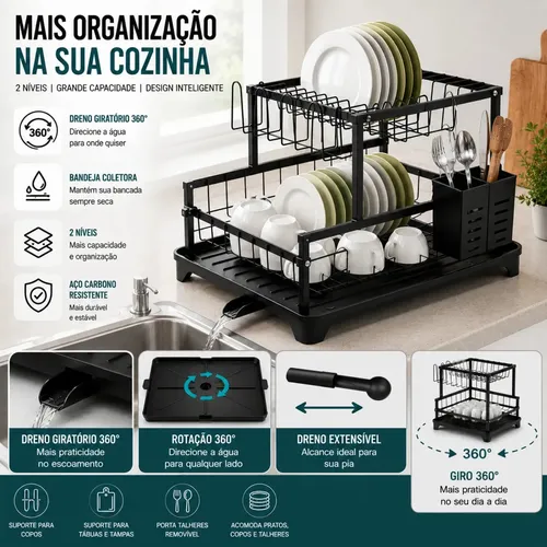 Escorredor de Louça Inox 2 Andares Preto para 16 Pratos com Bandeja e Bico Giratório 360º