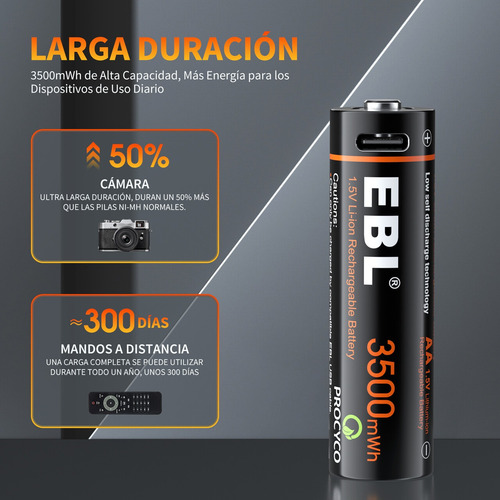 4 Pilas Aa Doble A Recargable Usb-c Ebl Li-ion 1.5v 3500mwh