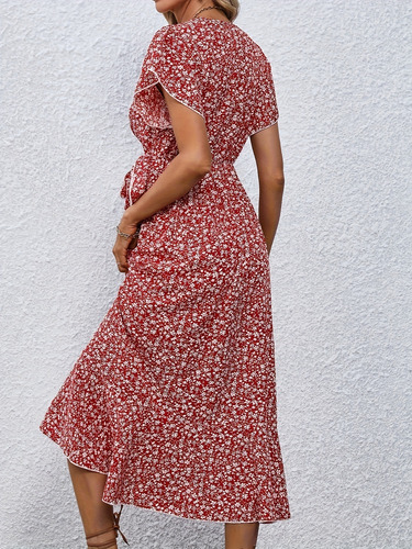 Vestido Midi Bohemio Floral Para Mujer Con Cuello En V Y Cin