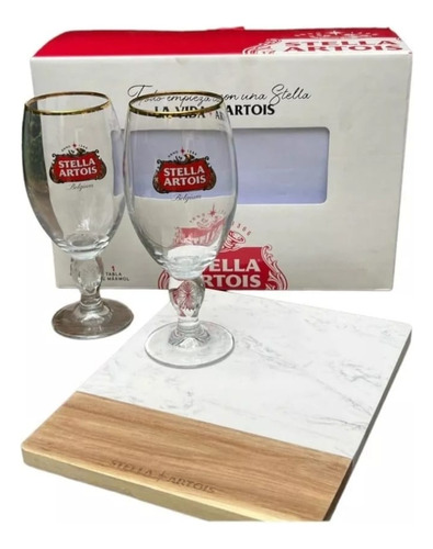 Caja Regalo Con 2 Copas Stella Artois + Tabla Marmol + Daga