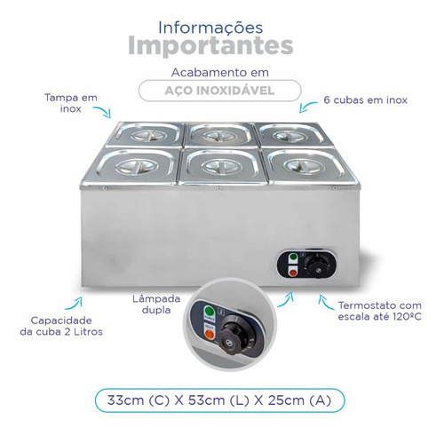 Rechaud Retangular 12 L Com 6 Cubas 1/6 Aço Inox Zprc06