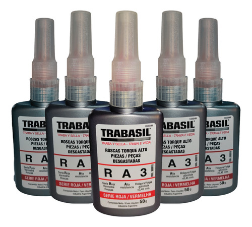 Adhesivo Trabasil Ra3 Serie Roja Rosca Torque Alto 50g X 5un