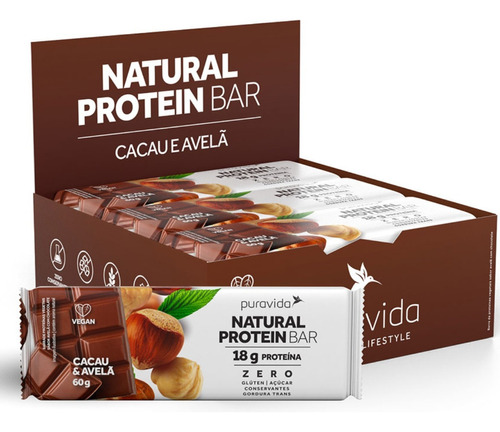 Natural Protein Bar - Puravida 12 Un. Sabor Avela E Cacau