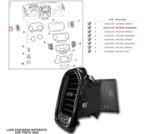 Difusor Ar Lateral Esquerdo Preto Fiat Toro Open Edition 19'