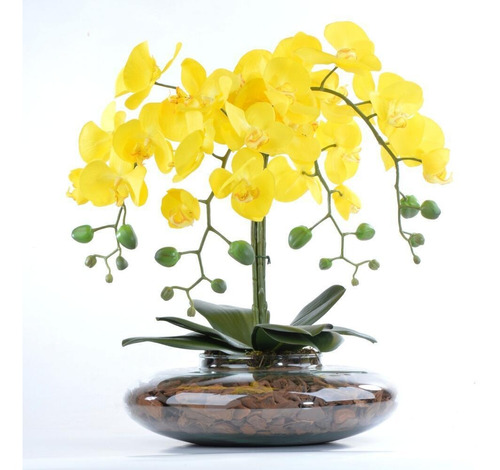 Arranjo De Orquídea Artificial Amarela Em Terrário Maitê | Frete grátis