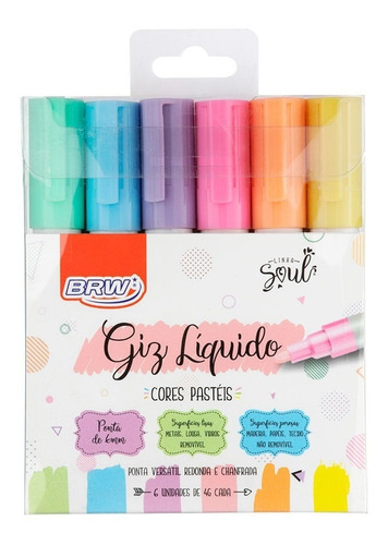 Giz Liquido Tons Pastel 6 Caneta Vidro Lousa Vitrine Tecido 