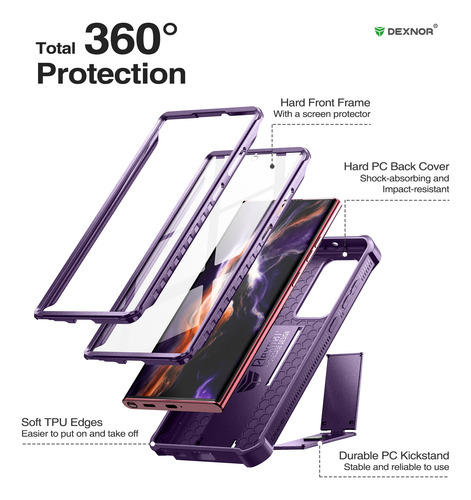 Funda Dexnor Para Samsung Galaxy S22 Ultra, 2 Marcos Frontales, Con Protector De Pantalla Y Soporte, Funda Robusta A Prueba De Golpes