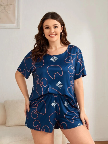 Conjunto Pijama Azul Marino Con Dibujos, Tallas Extra 5xl