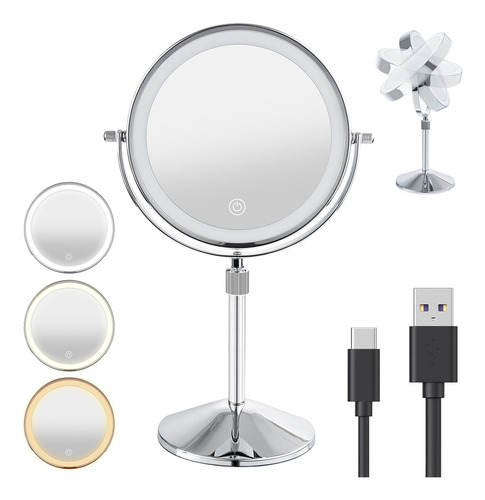 Espejo De Maquillaje Led Retráctil Aumento Doble Cara Usb