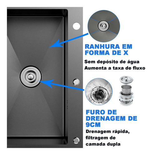 Kit Cuba Gourmet Com Completa Acessórios 60x45 Cm Pia Bancada Cozinha E Torneira Monocomando Extensível Preta Yesop