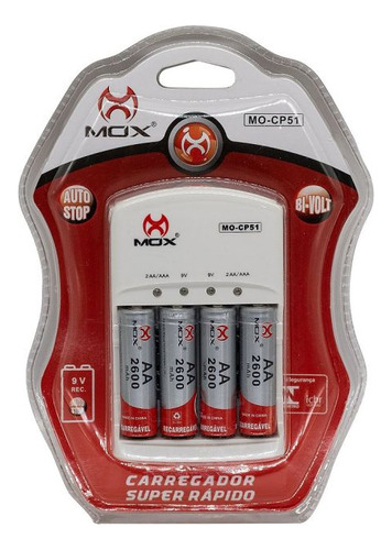 Carregador Com 4 Pilhas Aa Recarregável 2600 Mah Mo-cp51 Auto Stop
