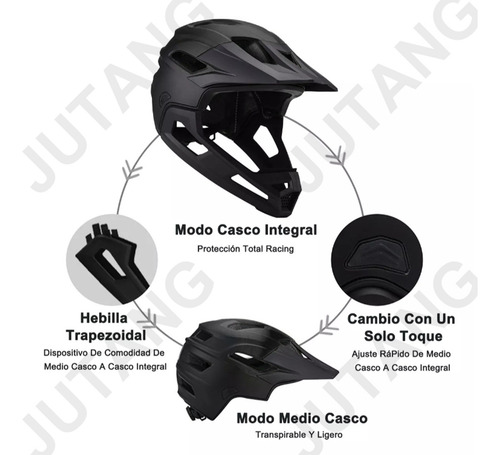 Jutang Casco De Bicicleta De Montaña Ajustable, Visera Extraíble,, Transpirable Y Ligero, Ideal Para Ciclismo Urbano Y De Montaña Soporte Barbilla Desmontable Negro