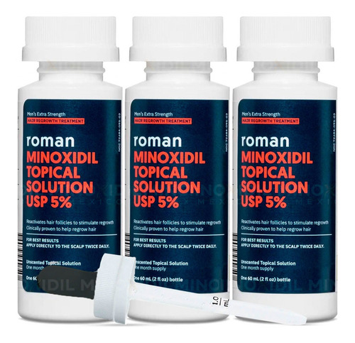 Minoxidil Roman 5% Extra Fuerza Solución Tópica 3 Meses De Tratamiento, Ayuda A  Estimular El Crecimiento Del Cabello Y Desacelerar La Calvicie. Eficaz Para Hombres , Tratamiento Ultra Pureza, Calidad