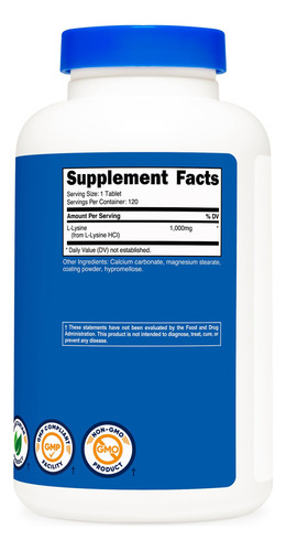 Suplemento de L-lisina Nutricost, 1000 mg, 120 comprimidos, sabor sin sabor