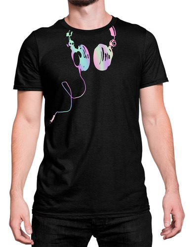 Camiseta Estampada Fone Headset Colorido Rgb Fio Música