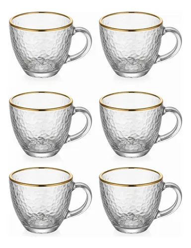 Jogo 6 Xícaras Café Chá 100ml Vidro Borda Dourada Luxo Dourado  Martelado