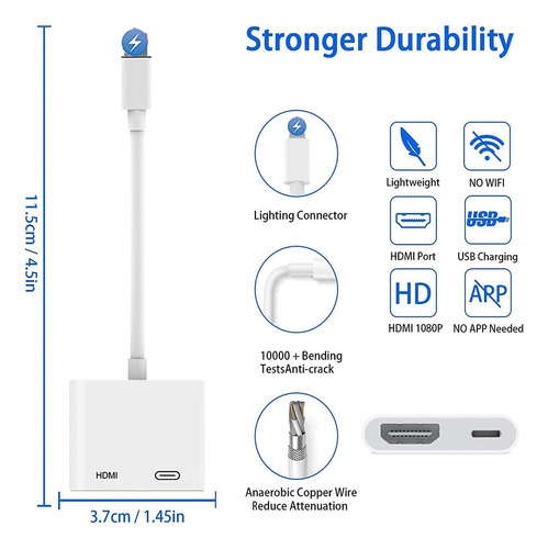 Adaptador Digital Av Para iPhone iPad iPod On Tv, Cable de visualización de sincronización 1080P para iPhone, iPad, iPod a TV/proyector/Monitor, convertidor de Video Certificado MFi