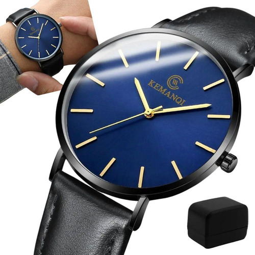 Relógio Masculino Ultrafino Black Quartz Fundo Azul + Caixa