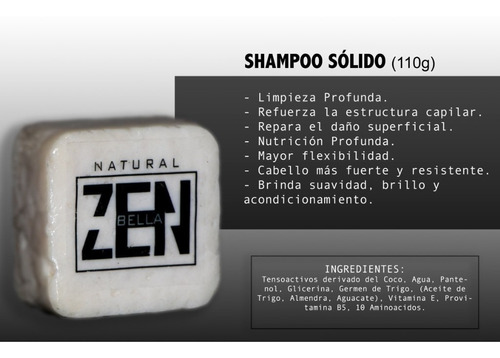 Shampoo Solido Natural Zen Bella Aceites & Proteinas 110g