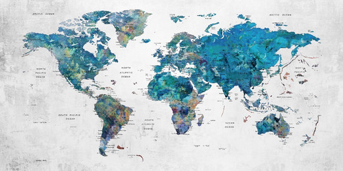 Mapa Mundial Azul 60x130 Con Marco Cuadro Canvas Bastidor 