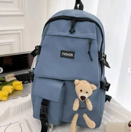 Mochila Escolar Paseo Importada Impermeable Llavero Animales Azul Oso Bolsillo
