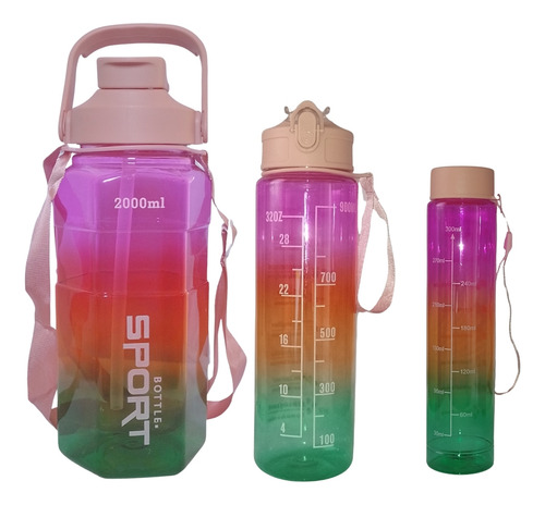 Kit Garrafa Água Squeeze 3pçs Academia Escola 2l 900ml 300ml