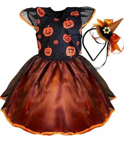 Fantasia Menina Infantil Festa Halloween Bruxa Laranja Tule