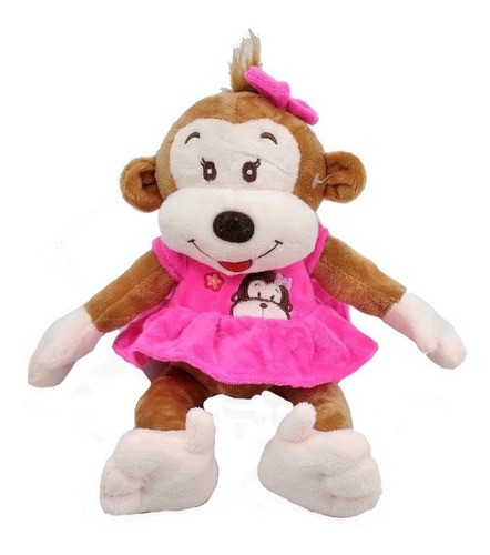  Macaquinha Pelúcia Vestido Rosa 20cm Sentada Lacinho Macaco