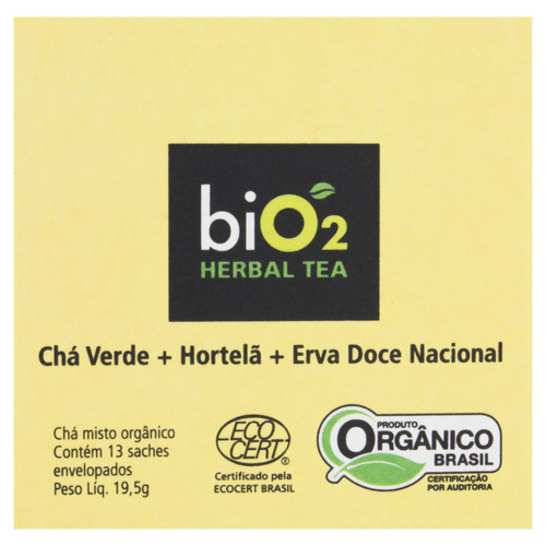 Chá biO2 chá verde, hortelã e erva-doce em sachê 19.5 g 13 u