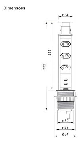 Torre Plug-up 3 Tomadas E 2-usb 110-250v Preta Hafele Cor Preto