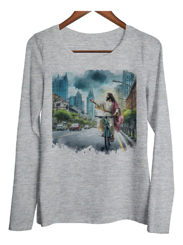 Remera Mujer Ml Jesus En Bici City Ciudad Edificios